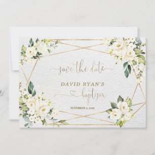 Charming Watercolour Blue Floral Gold Baptism Save The Date
