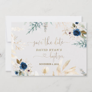 Charming Watercolour Blue Floral Gold Baptism Save The Date