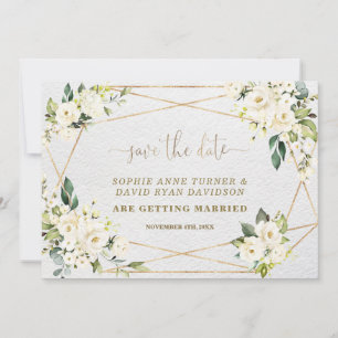 Charming Watercolour White Floral Gold Wedding Save The Date