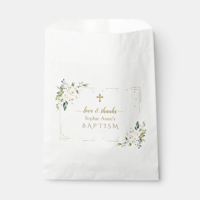 Charming Watercolour White Flowers Baptism Favour Bag (Front)
