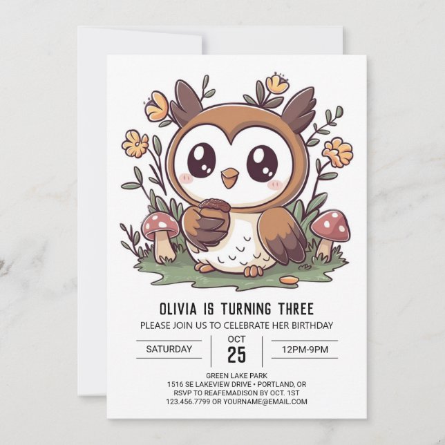 Charming Whimsical Digital Owl Birthday Invitation (Front)