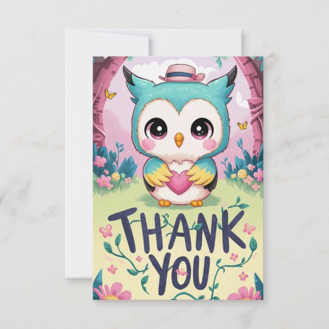 Charming Whimsical Owl  Thank You Card (Front)