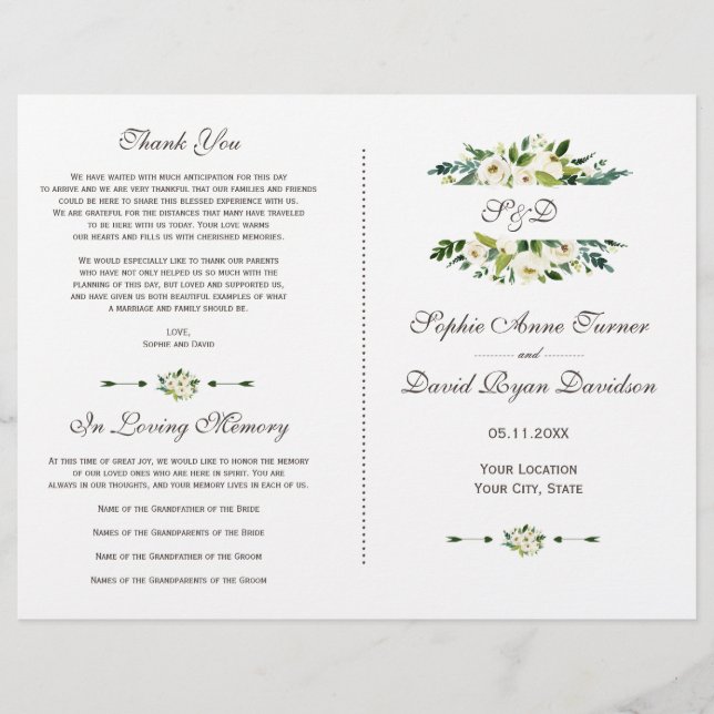 Charming White Blooming Floral Wedding Program (Front)
