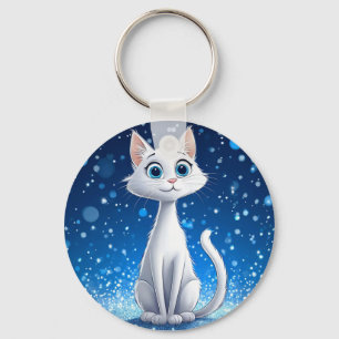 Charming White Cat with Large Blue Eyes Keychain