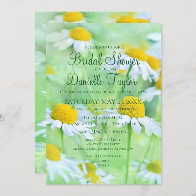 Charming White Daisies, Green Fonts Bridal Shower  Invitation (Front/Back)