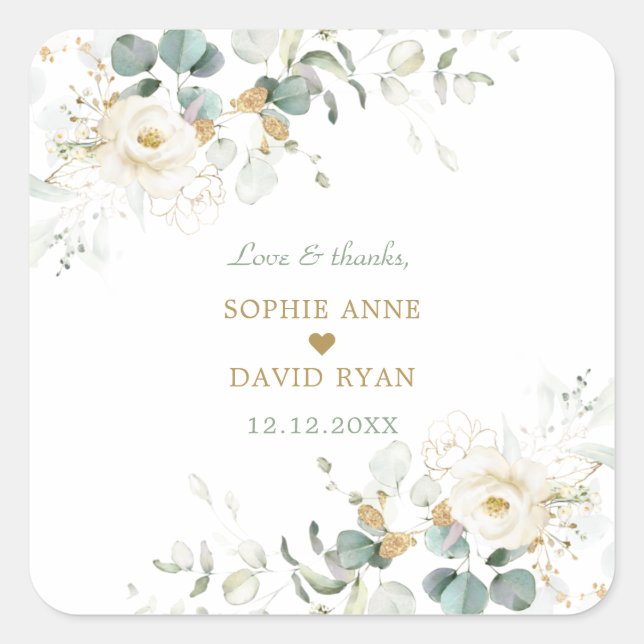 Charming White Floral Airy Leaves Wedding Napkins Square Sticker (Front)