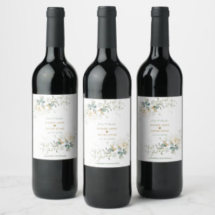 Charming White Floral Airy Leaves Wedding Wine Label