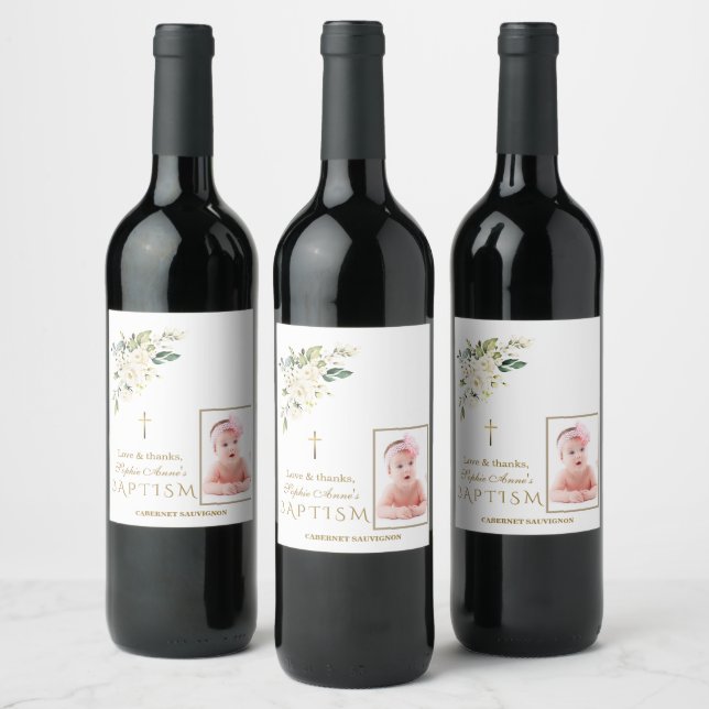  Charming White Floral Gold Girl Photo Baptism  Wine Label (Bottles)