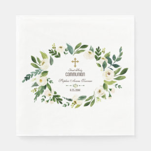 Charming White Floral Wreath Holy Communion Napkin