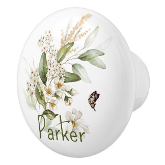 Charming White & Gold, Green Name, Drawer Knob