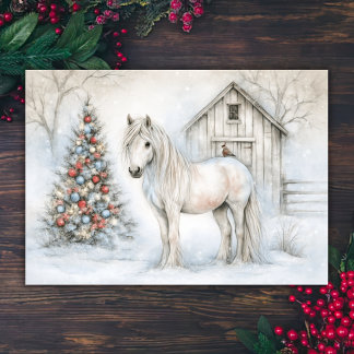 Charming White Horse and Snowy Barn Christmas Holiday Card