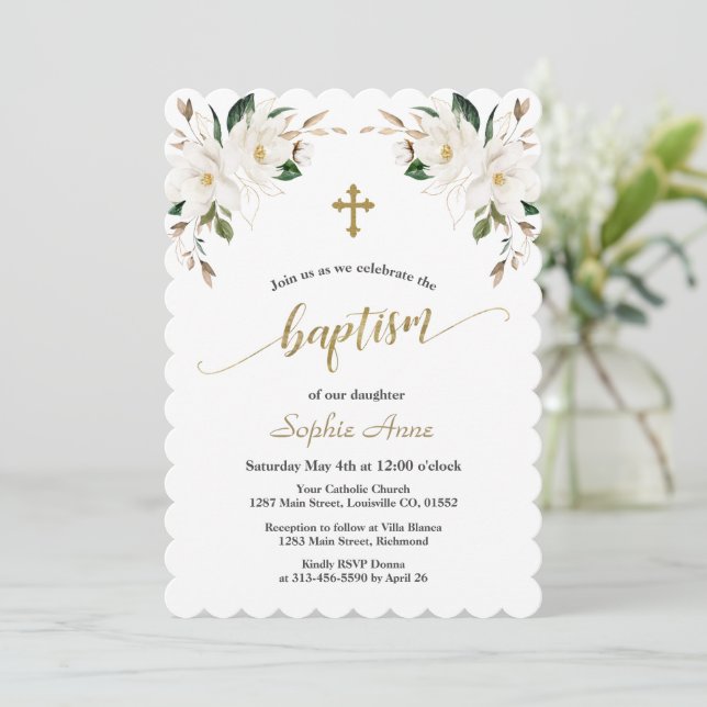 Charming White Magnolia Gold Baptism Calligraphy Invitation (Standing Front)