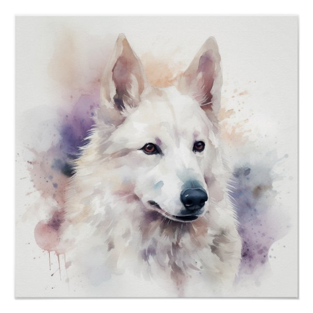 Charming White Sapsali Dog Watercolor Portrait Poster (Front)