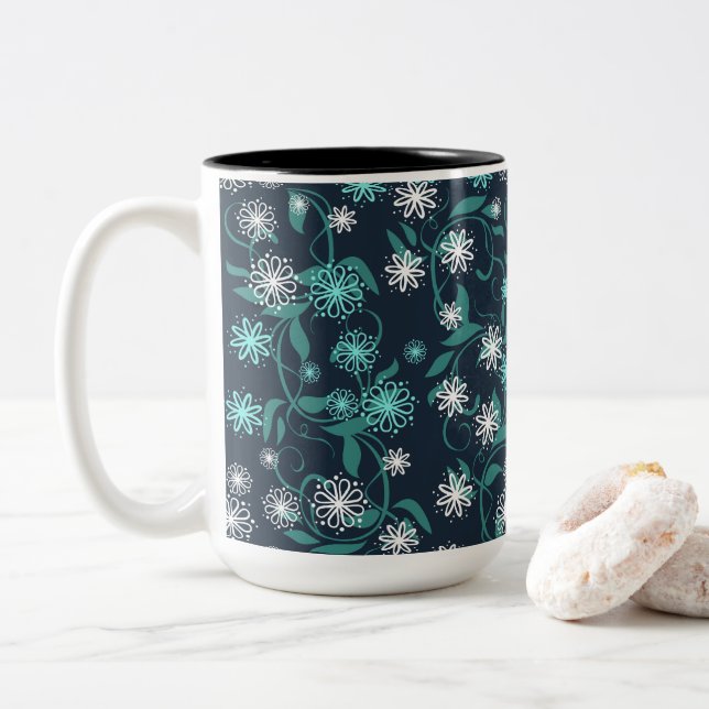 Charming White & Teal Floral Two-Tone Coffee Mug (With Donut)