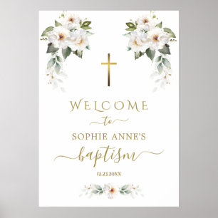 Charming Wild White Roses Baptism Welcome Sign