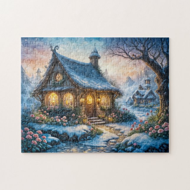 Charming Winter Cottage with Festive Lights Jigsaw Puzzle (Horizontal)