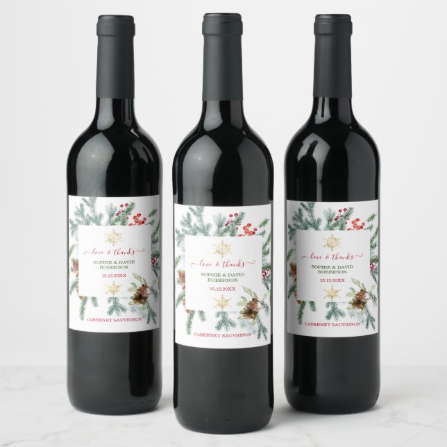 Charming Winter Holiday Pine Cones Berries Xmas Wine Label (Bottles)
