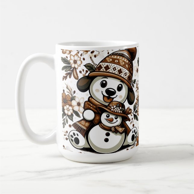 Charming Winter Scene with Dog and Snowman Coffee Mug (Left)