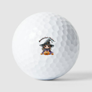 Charming Witch Girl Halloween Decor with Pumpkins Golf Balls