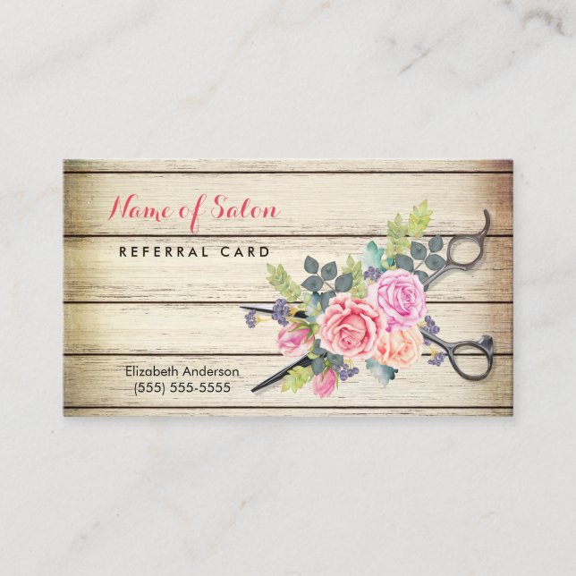 Charming Wood Scissors and Roses Referral Card (Front)