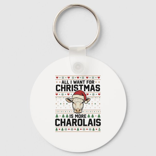 Charolais Christmas Cow Ugly Sweater Vector Design Keychain (Front)