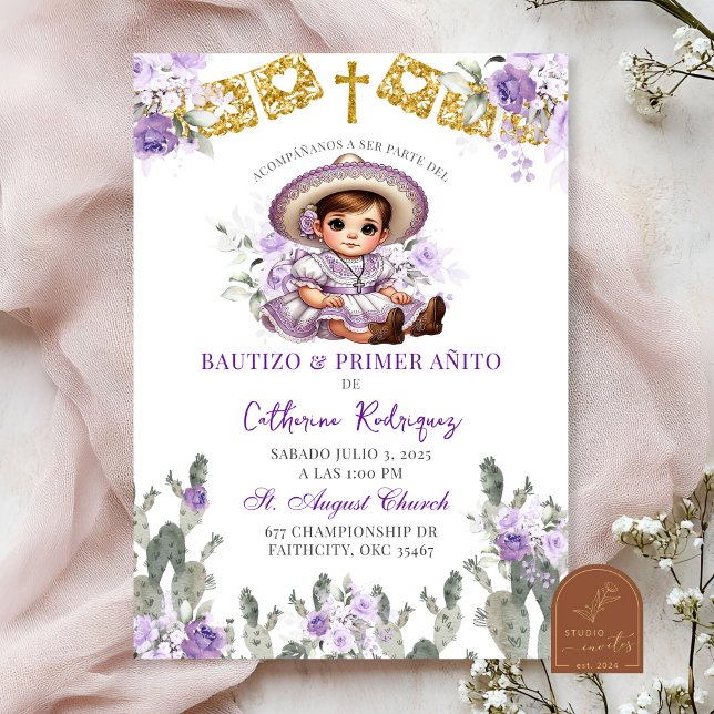 Charra Purple Roses Mexican Bautizo Y Primer Anito Invitation (Creator Uploaded)