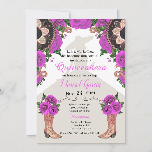 Charra Quinceanera Invitation, fuchsia Mariachi (Front)