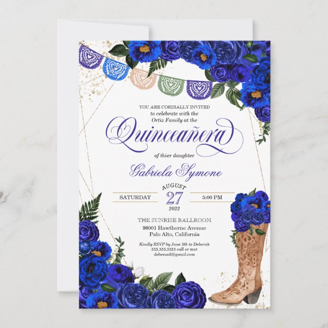Charra Rustic Cowgirl Boots Blue Roses Quinceañera Invitation (Front)