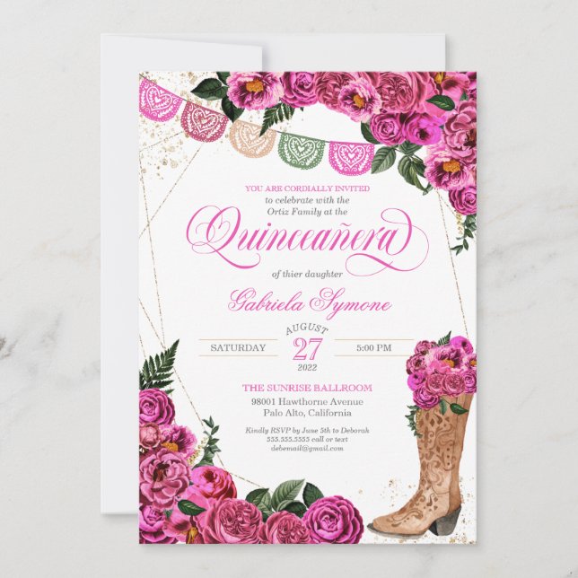 Charra Rustic Cowgirl Pink Rose Quinceañera Invita Invitation (Front)