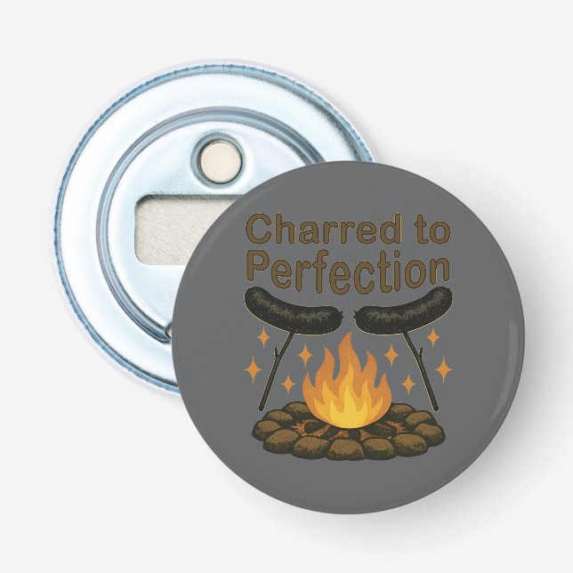 Charred to Perfection Funny Campfire Hot Dog Bottle Opener (Front)