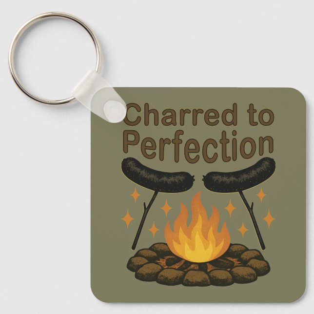 Charred to Perfection Funny Campfire Hot Dog Keychain (Front)