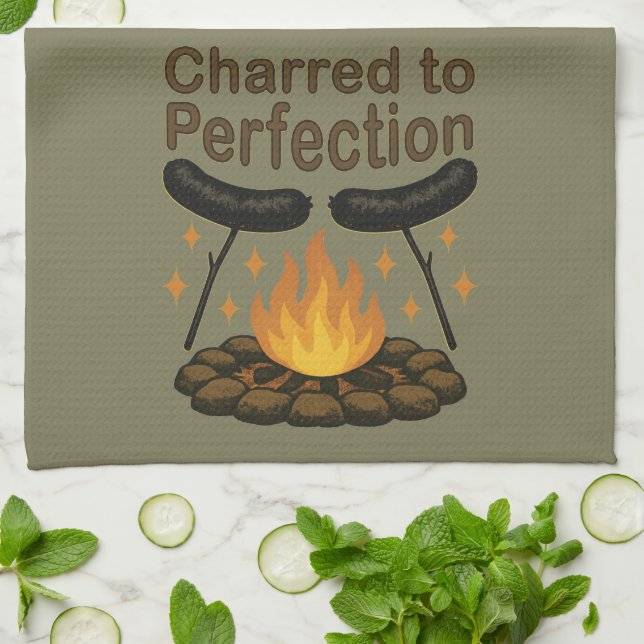Charred to Perfection Funny Campfire Hot Dog Kitchen Towel (Folded)