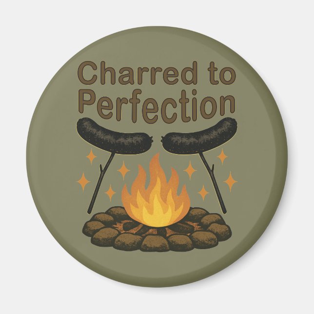 Charred to Perfection Funny Campfire Hot Dog Magnet (Front)