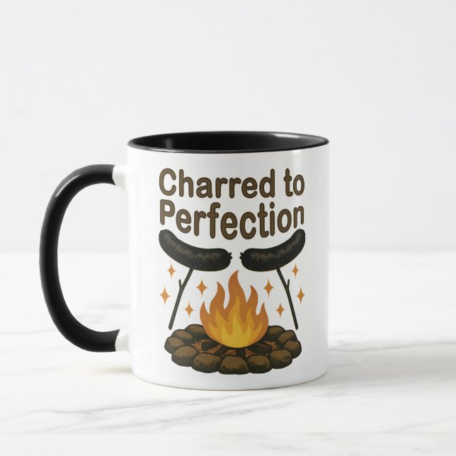 Charred to Perfection Funny Campfire Hot Dog Mug (Left)
