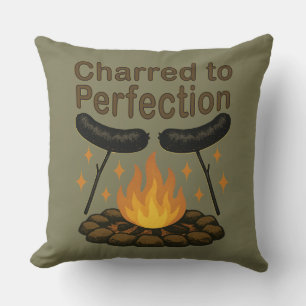 Charred to Perfection Funny Campfire Hot Dog Throw Pillow