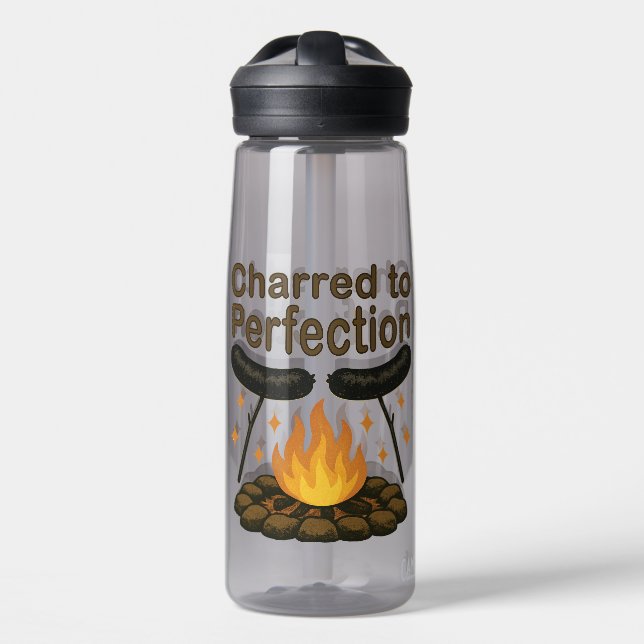 Charred to Perfection Funny Campfire Hot Dog Water Bottle (Front)