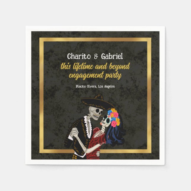 Charro and Catrina Sugar Skulls Black Napkin (Front)