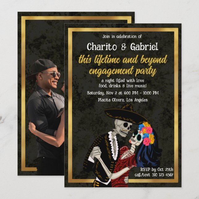 Charro and Catrina Sugar Skulls Dancing Engagement Invitation (Front/Back)
