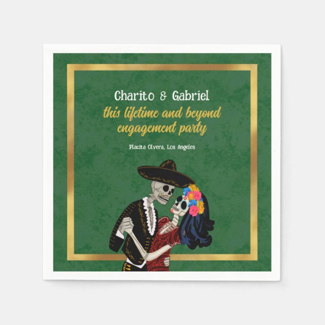 Charro and Catrina Sugar Skulls Dancing Green Napkin (Front)