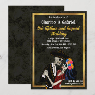 Charro and Catrina Sugar Skulls Dancing Wedding Invitation
