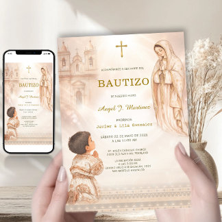 Charro Bautizo Niño Virgen Guadalupe Iglesia Beige Invitation
