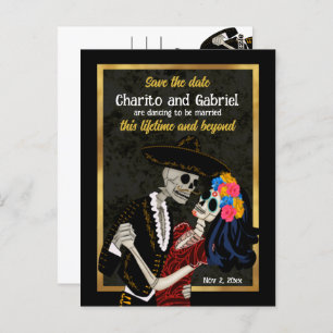 Charro Catrina Sugar Skulls Black Save the Date Postcard