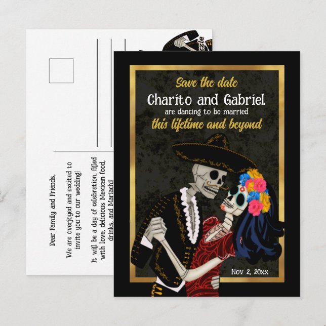 Charro Catrina Sugar Skulls Black Save the Date Postcard (Front/Back)