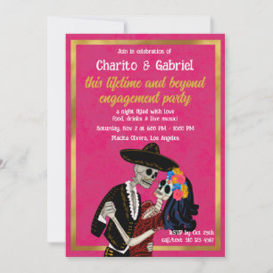 Charro Catrina Sugar Skulls Dance Pink Engagement Invitation