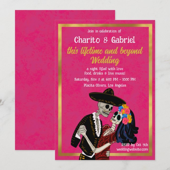 Charro Catrina Sugar Skulls Dancing Pink Wedding Invitation (Front/Back)