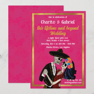 Charro Catrina Sugar Skulls Dancing Pink Wedding Invitation