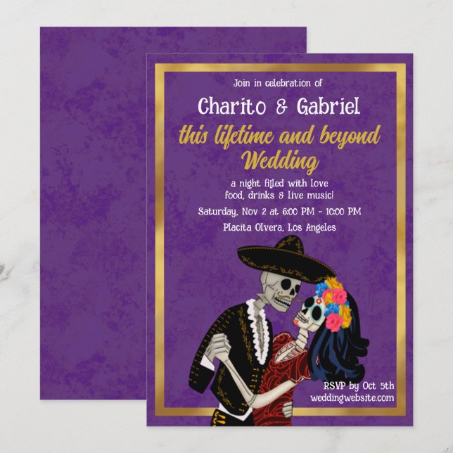 Charro Catrina Sugar Skulls Dancing Purple Wedding Invitation (Front/Back)
