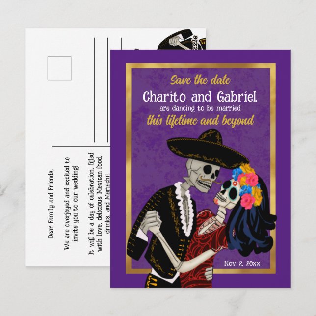 Charro Catrina Sugar Skulls Purple Save the Date Postcard (Front/Back)