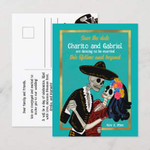 Charro Catrina Sugar Skulls Teal Save the Date Postcard