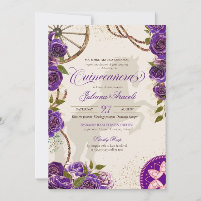 Charro Purple Roses Western Ranch Quinceanera Invitation (Front)